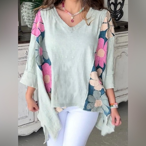 Floral V-Neck Women's Top - Green and Pink - Picture 2 of 15